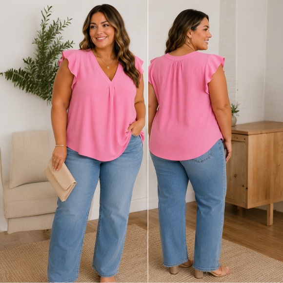 cupcakes & cashmere Tops - Cupcakes & Cashmere Pink Flutter Sleeve V-Neck Blouse Textured XL Women